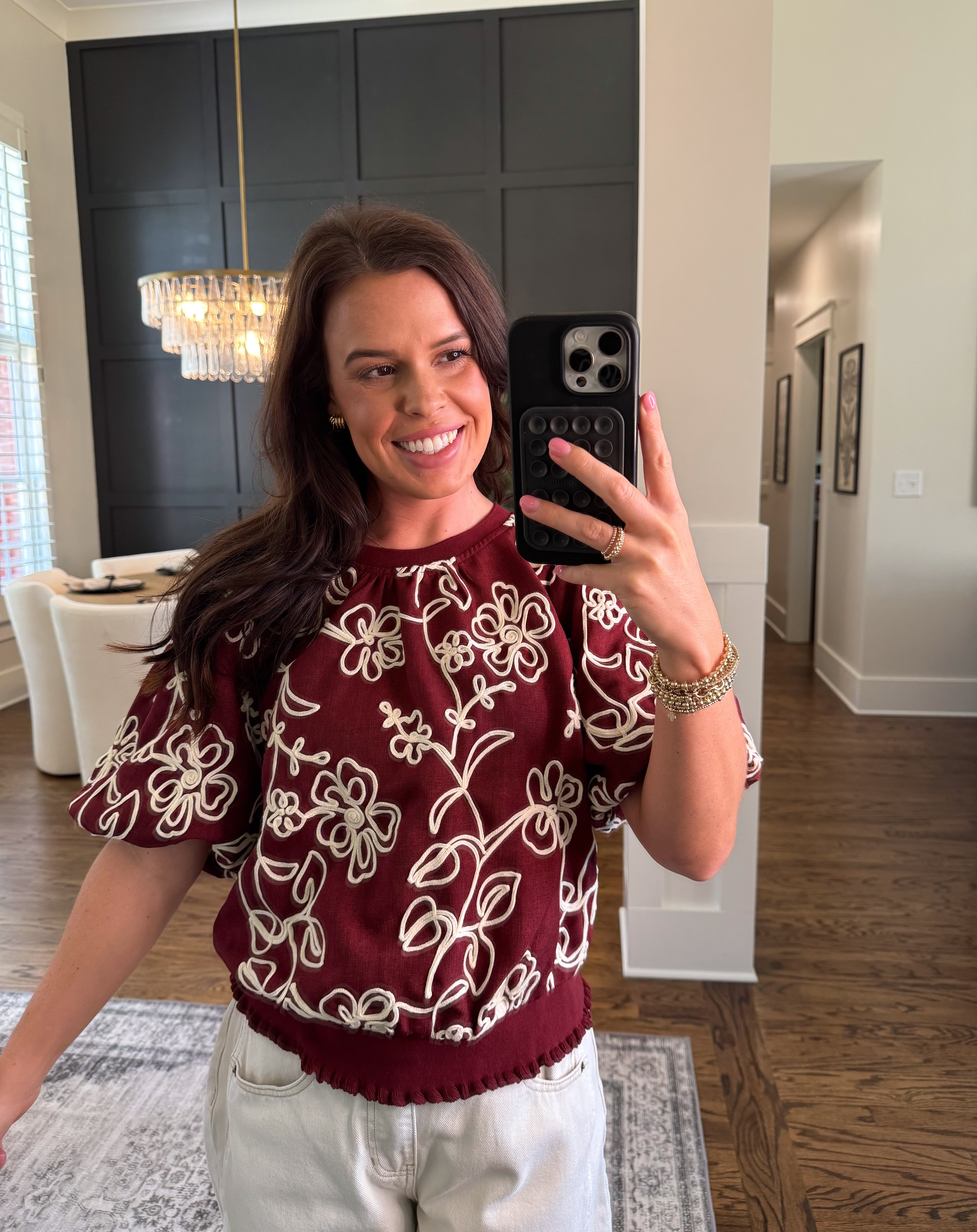 Floral Embroidered Bubble Sleeve Top