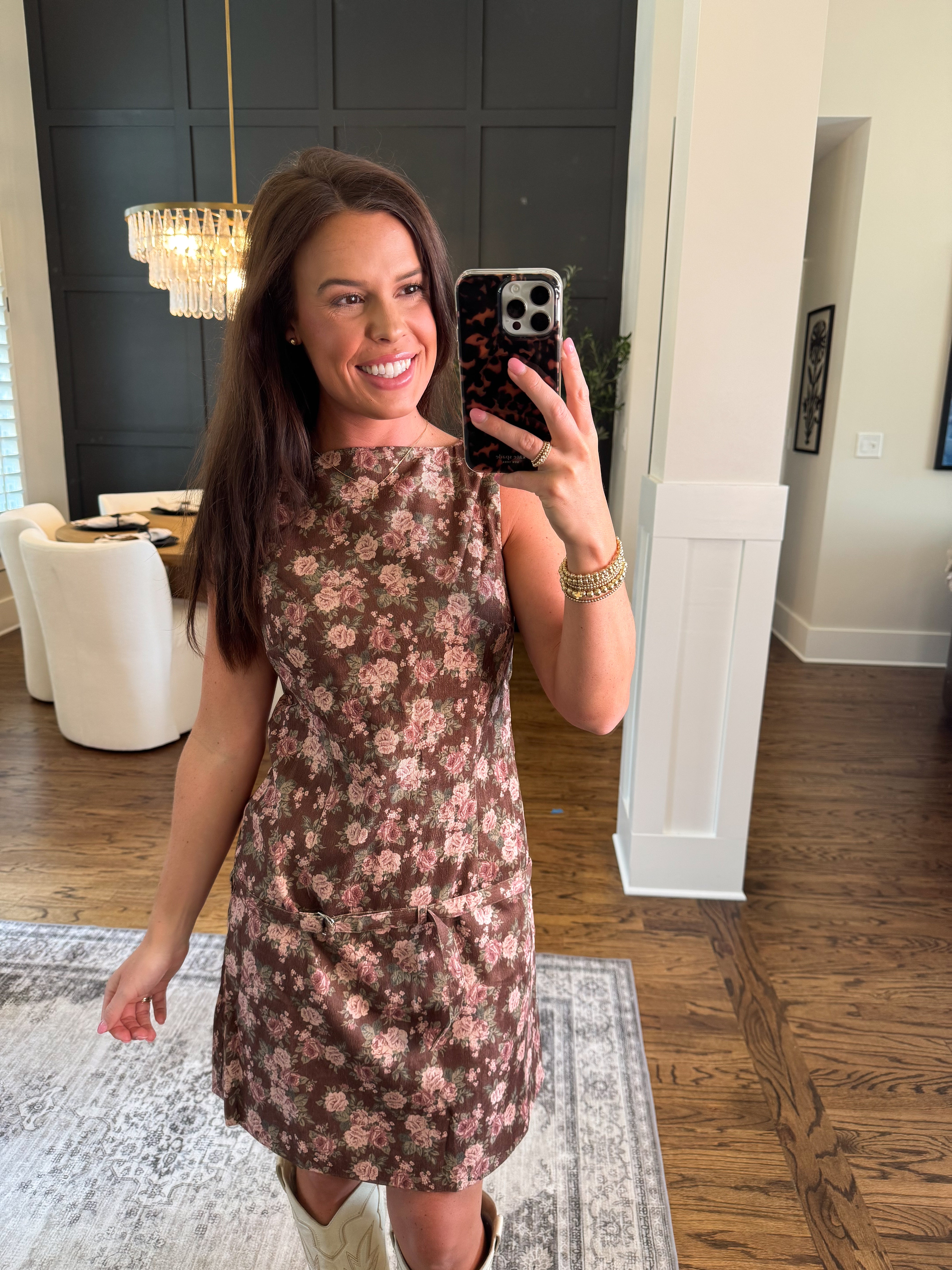 Corduroy Belted Floral Dress