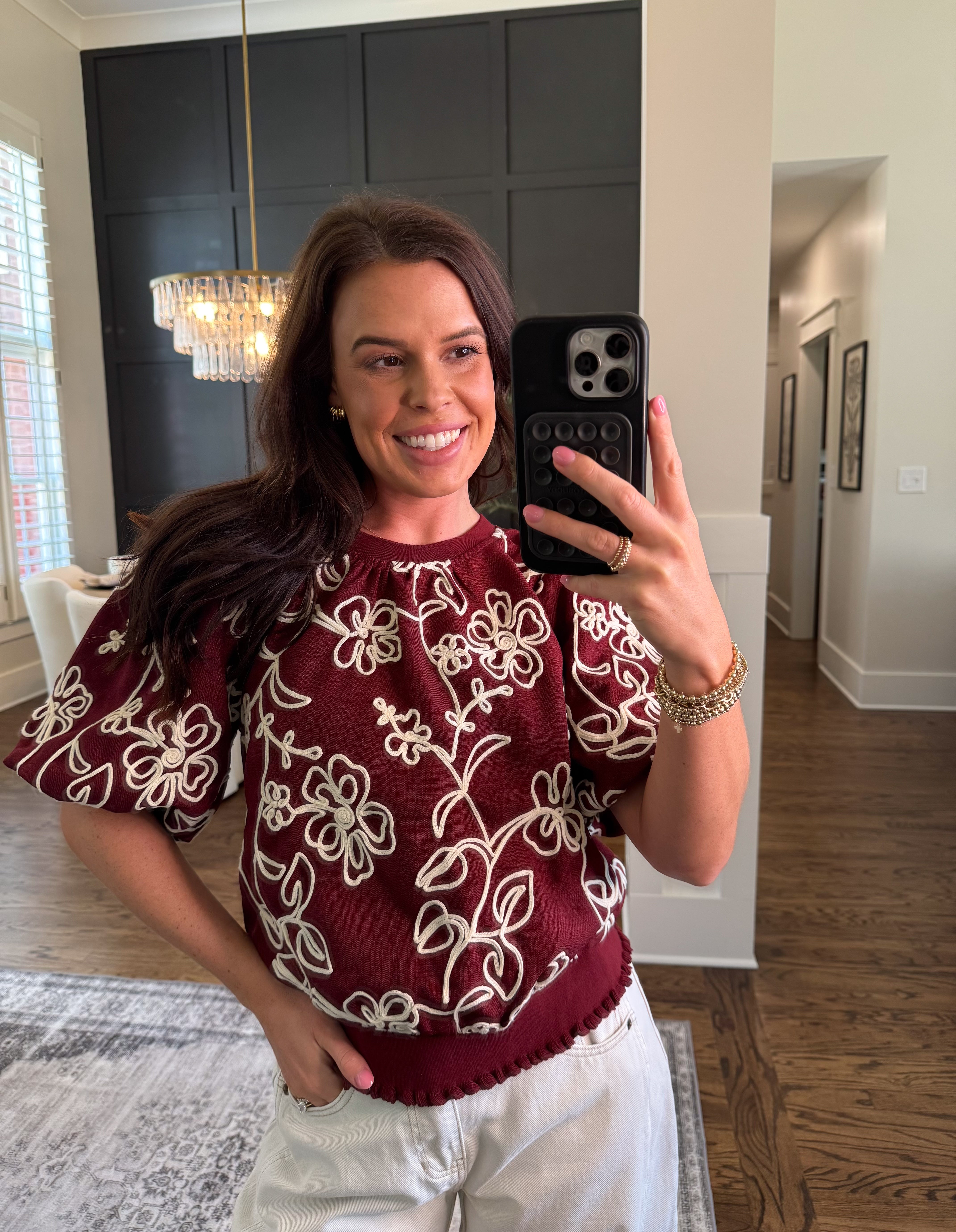Floral Embroidered Bubble Sleeve Top