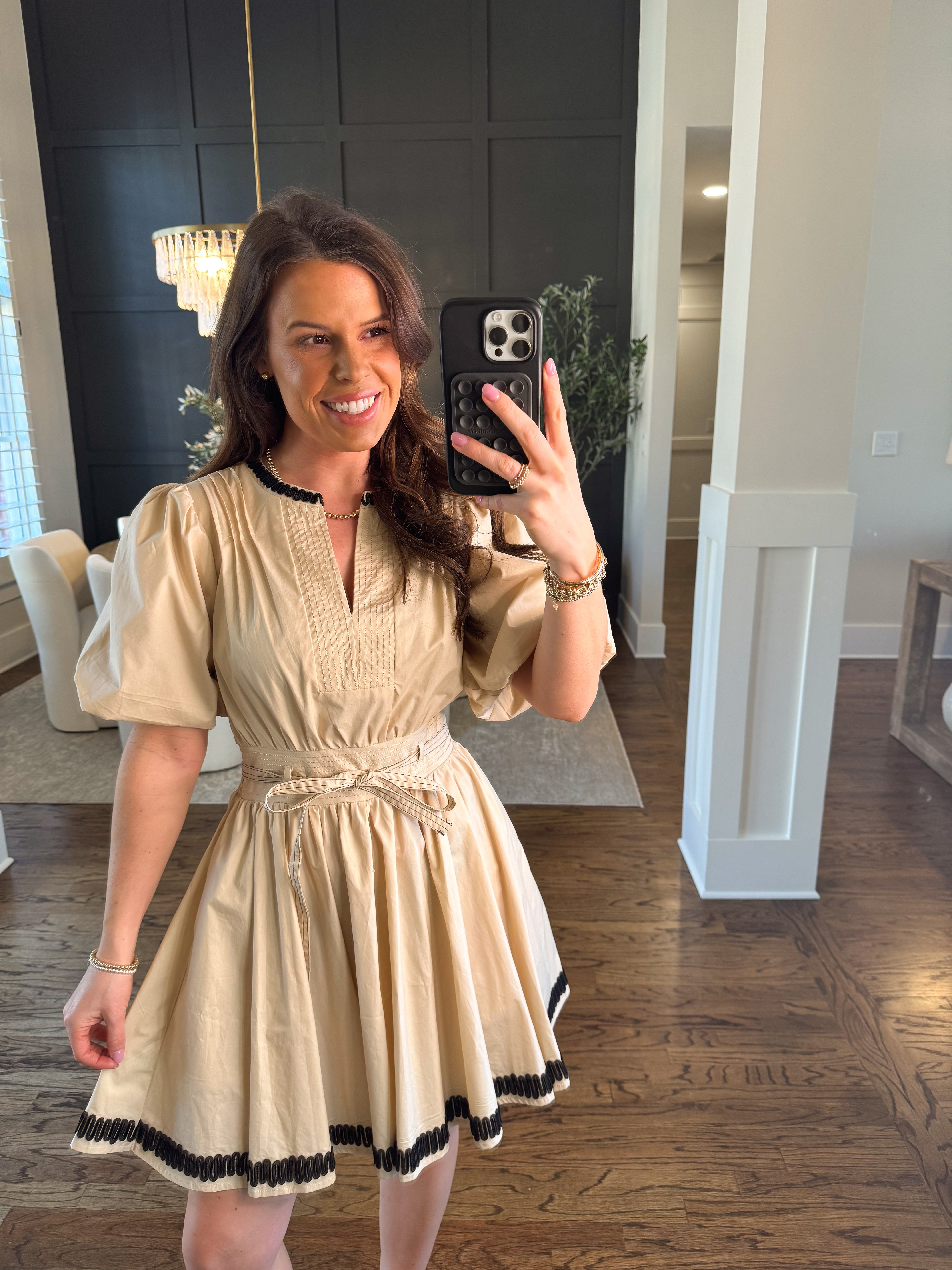 Embroidered Bubble Sleeve Dress