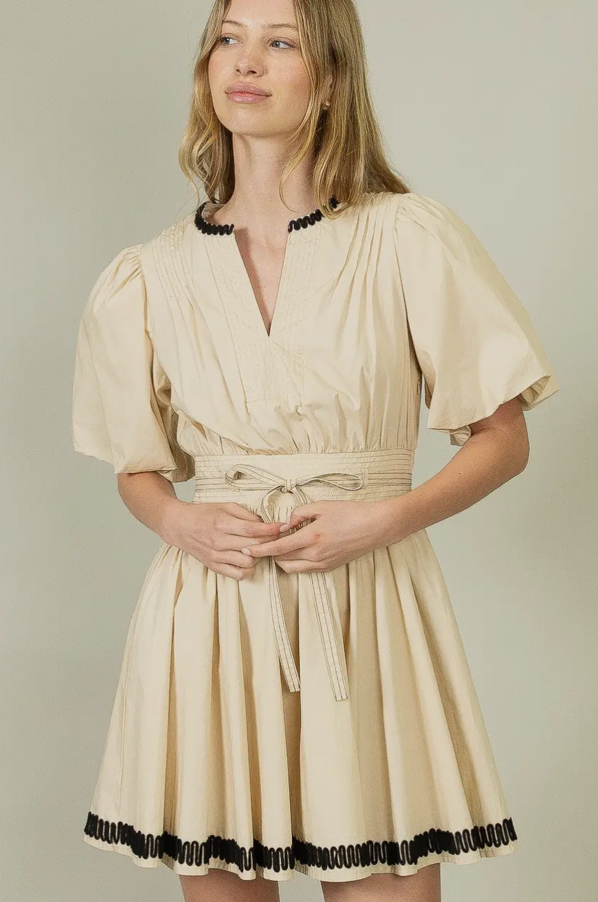 Embroidered Bubble Sleeve Dress