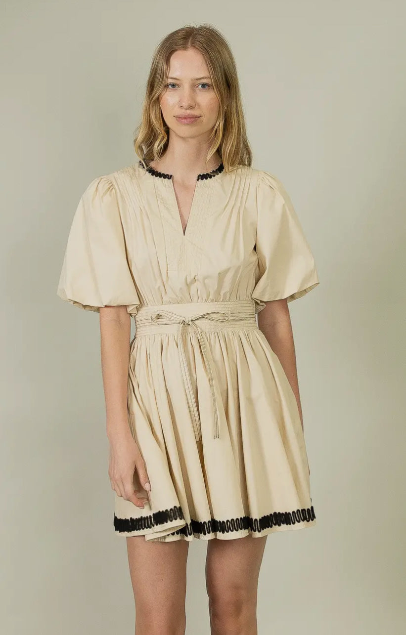 Embroidered Bubble Sleeve Dress