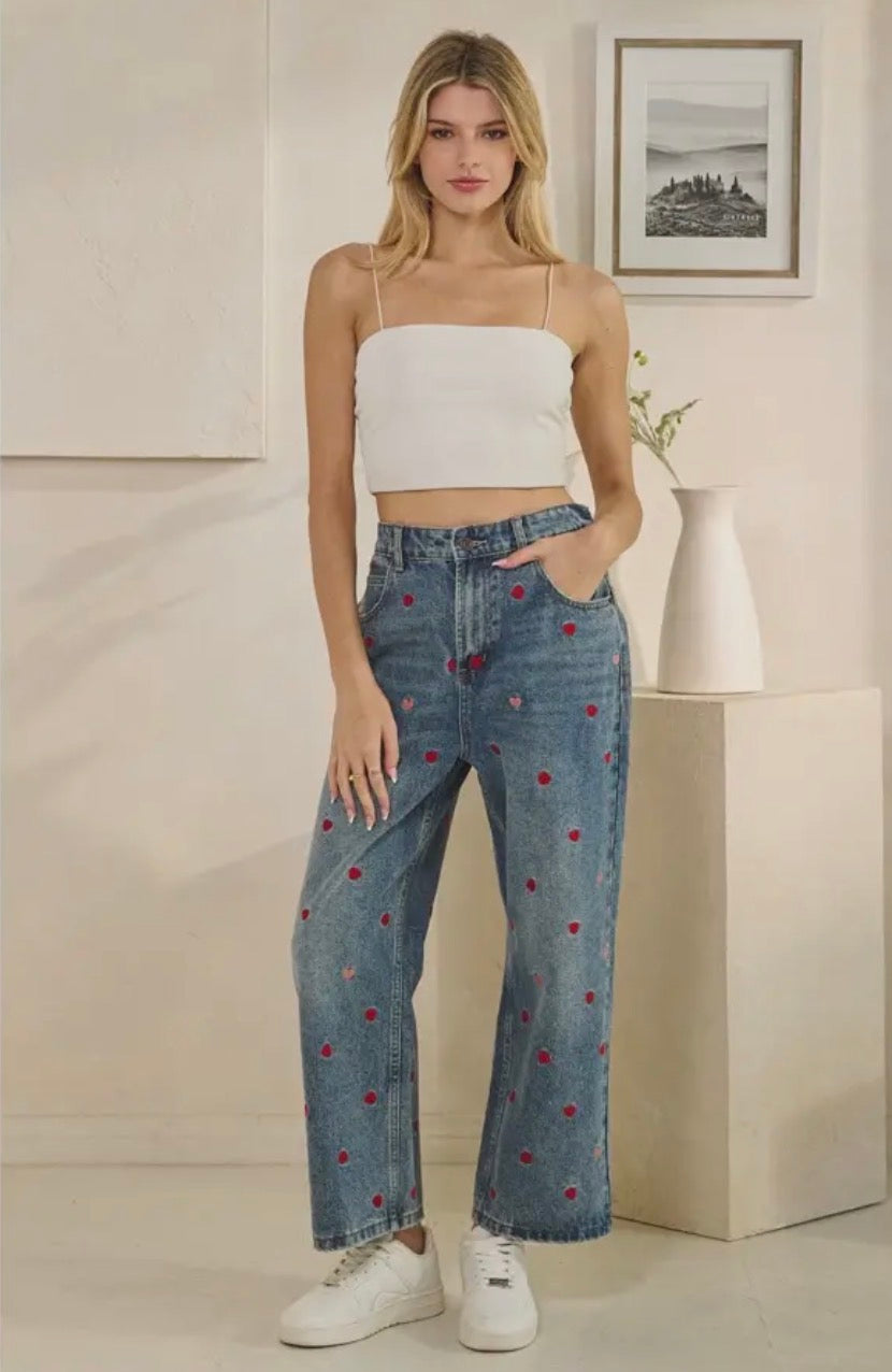 Washed Heart Embroidered Jeans