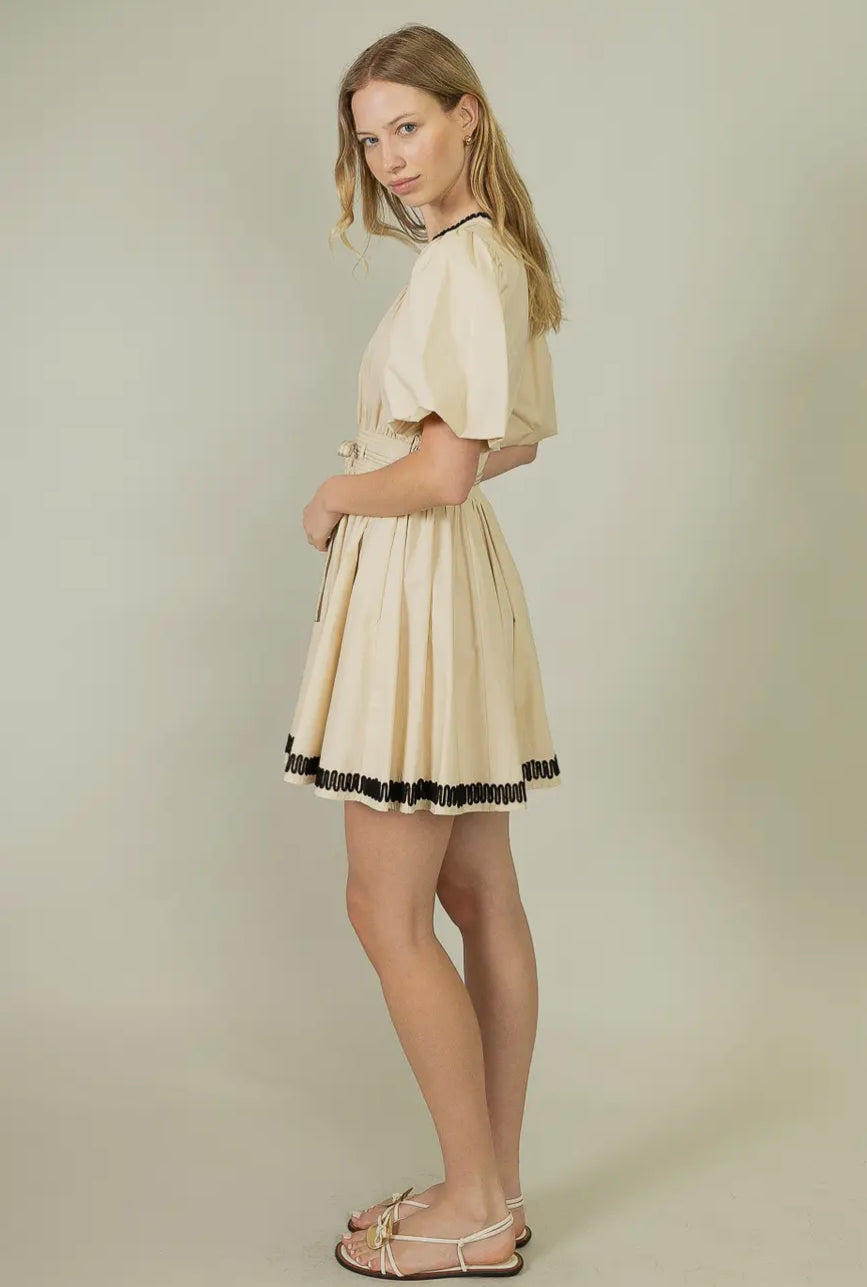 Embroidered Bubble Sleeve Dress